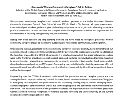 Grassroots Women Community Caregivers’ Call to Action