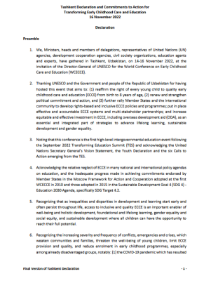 Tashkent Declaration and Commitments to Action for Transforming Early Childhood Care and Education